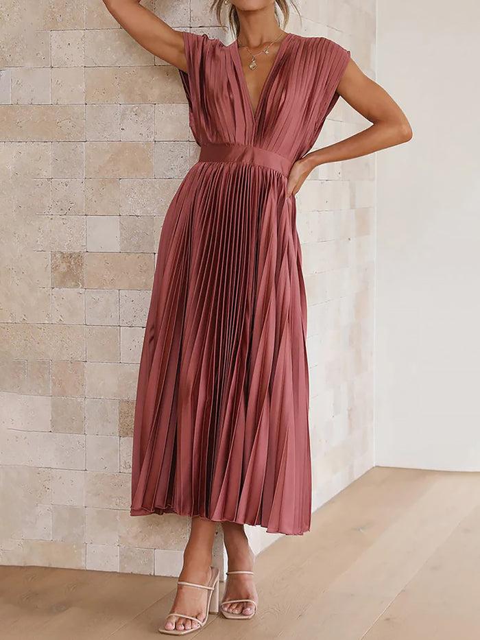 Allegra K Elegant Deep V Neck Cap Sleeves Luxe Satin Pleated Midi Office Dress