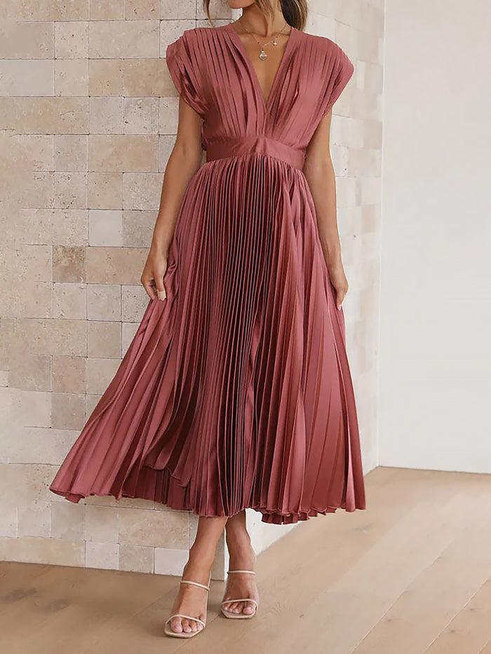 allegra k Elegant Deep V Neck Cap Sleeves Luxe Satin Pleated Midi Office Dress