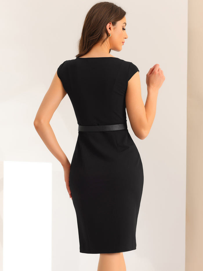 Allegra K Elegant Dress Cap Sleeve Office Work Belted Sheath Dress