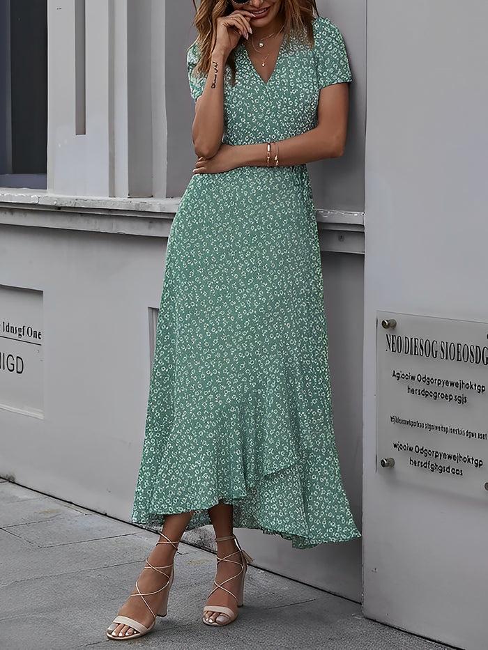 Allegra K Elegant Floral V Neck Short Sleeve Maxi Wrap Beach Dress