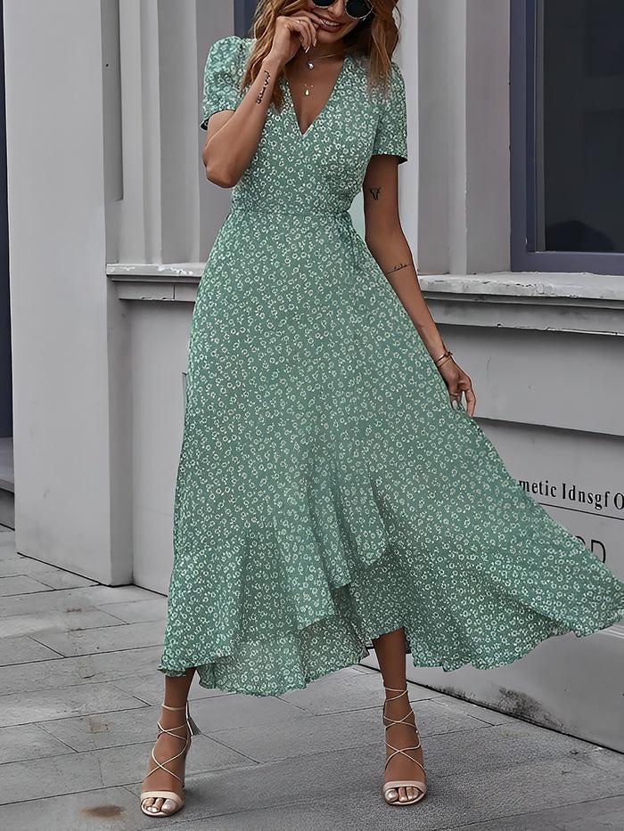 Allegra K Elegant Floral V Neck Short Sleeve Maxi Wrap Beach Dress
