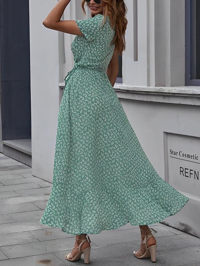 Allegra K Elegant Floral V Neck Short Sleeve Maxi Wrap Beach Dress