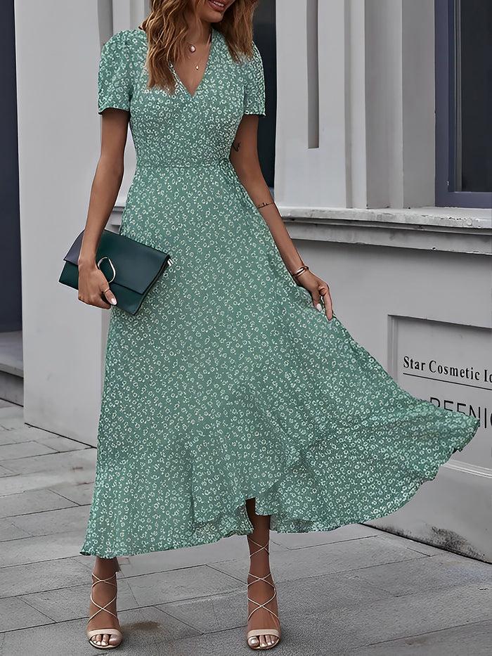 allegra k Elegant Floral V Neck Short Sleeve Maxi Wrap Beach Dress