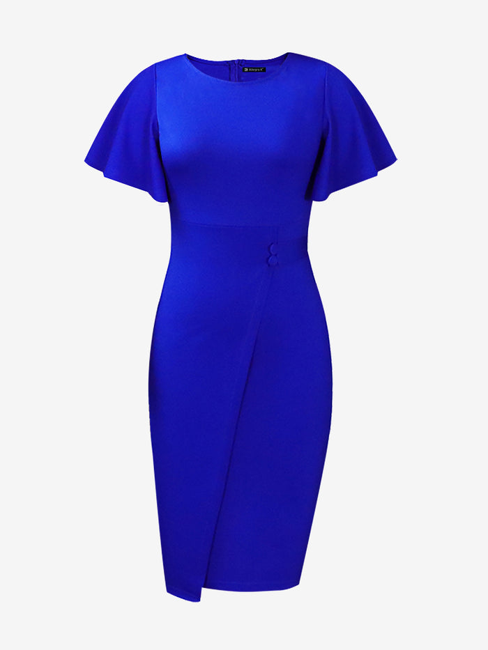 Allegra K Elegant Flutter Ruffles Short Sleeves Solid Color Midi Slim Sheath Office Dress