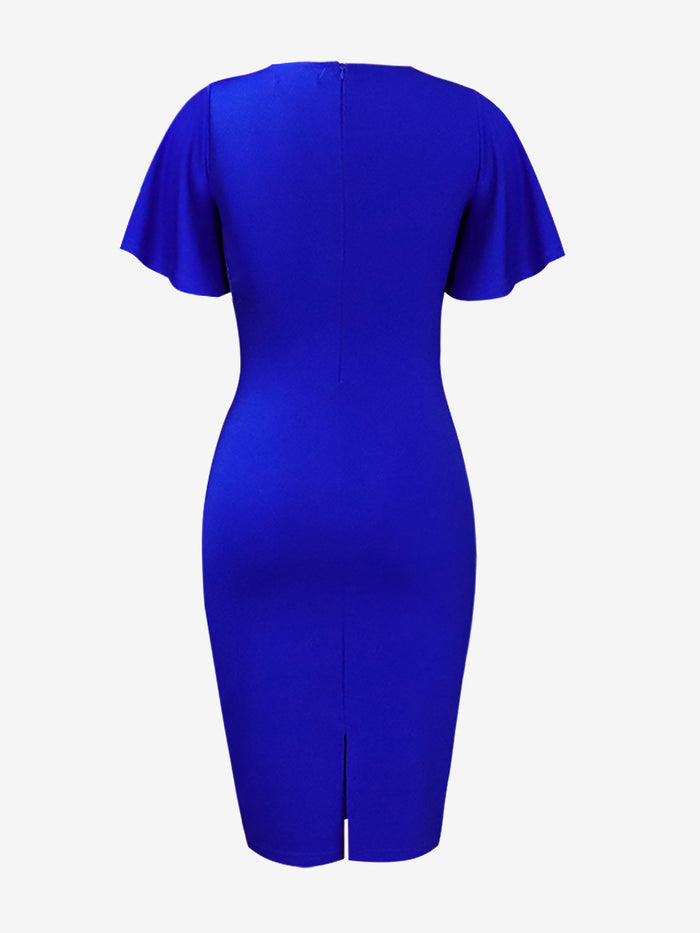 Allegra K Elegant Flutter Ruffles Short Sleeves Solid Color Midi Slim Sheath Office Dress