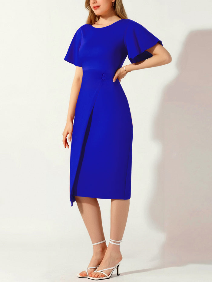 allegra k Elegant Flutter Ruffles Short Sleeves Solid Color Midi Slim Sheath Office Dress