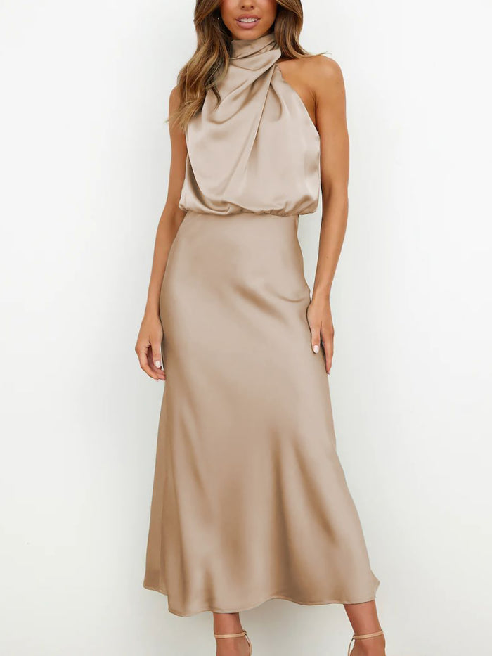 Allegra K Elegant Halter Ruched Satin Sleeveless Midi Bridesmaid Wedding Party Dress