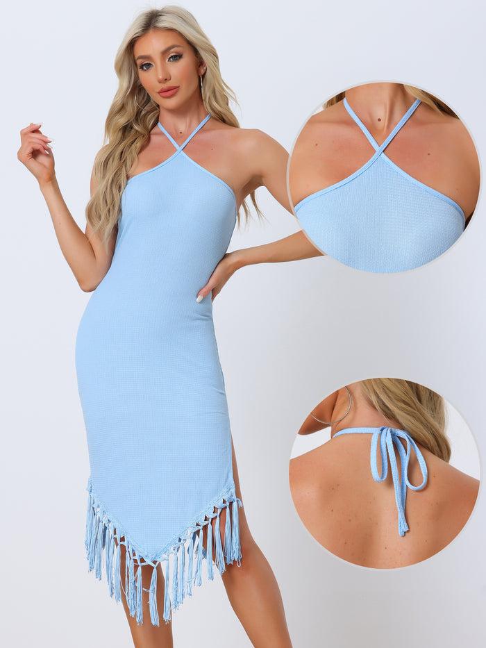 Allegra K Elegant Halter Straps Sleeveless Tassels Bodycon Midi Dress