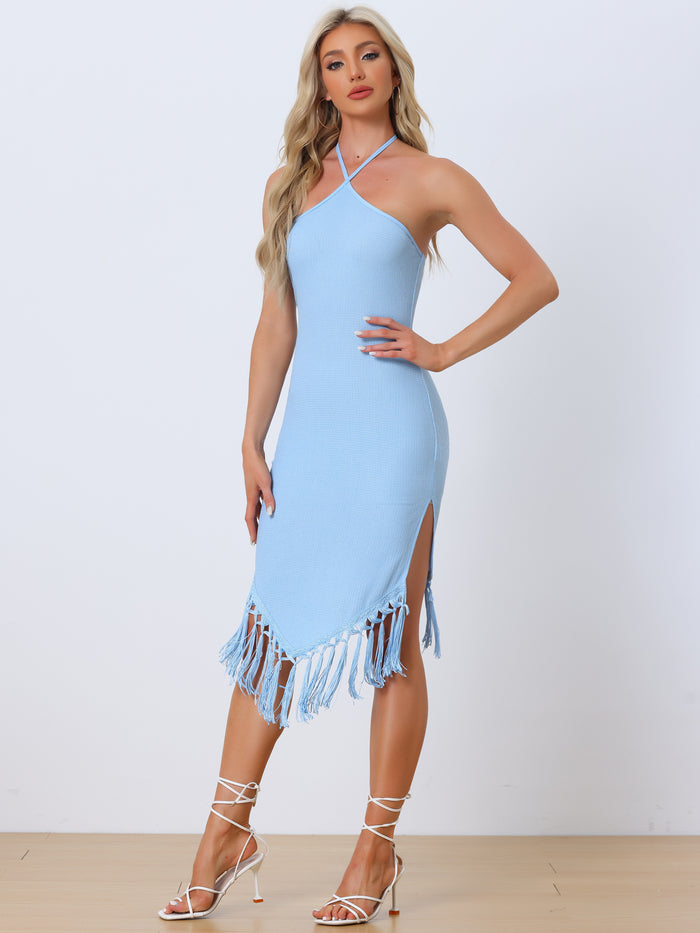 allegra k Elegant Halter Straps Sleeveless Tassels Bodycon Midi Dress