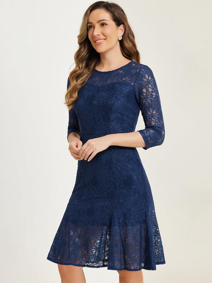 allegra k Elegant Lace 3/4 Sleeves Ruffles Bodycon Fishtail Dress
