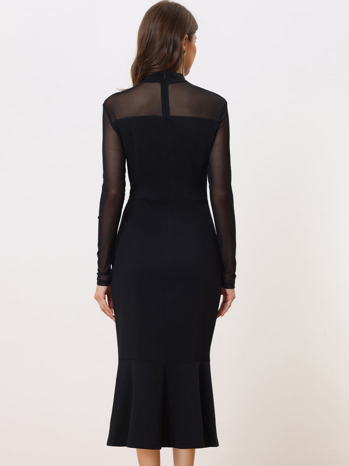 Allegra K Elegant Mesh Sheer Crew Neck Long Sleeve Mermaid Dress
