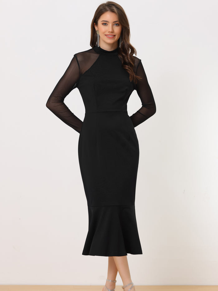 allegra k Elegant Mesh Sheer Crew Neck Long Sleeve Mermaid Dress