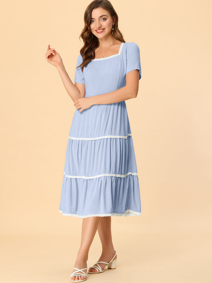 Allegra K Elegant Midi Short Sleeve Tiered Square Neck Long Dress