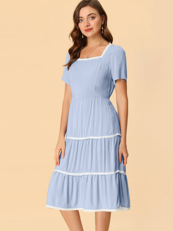 allegra k Elegant Midi Short Sleeve Tiered Square Neck Long Dress