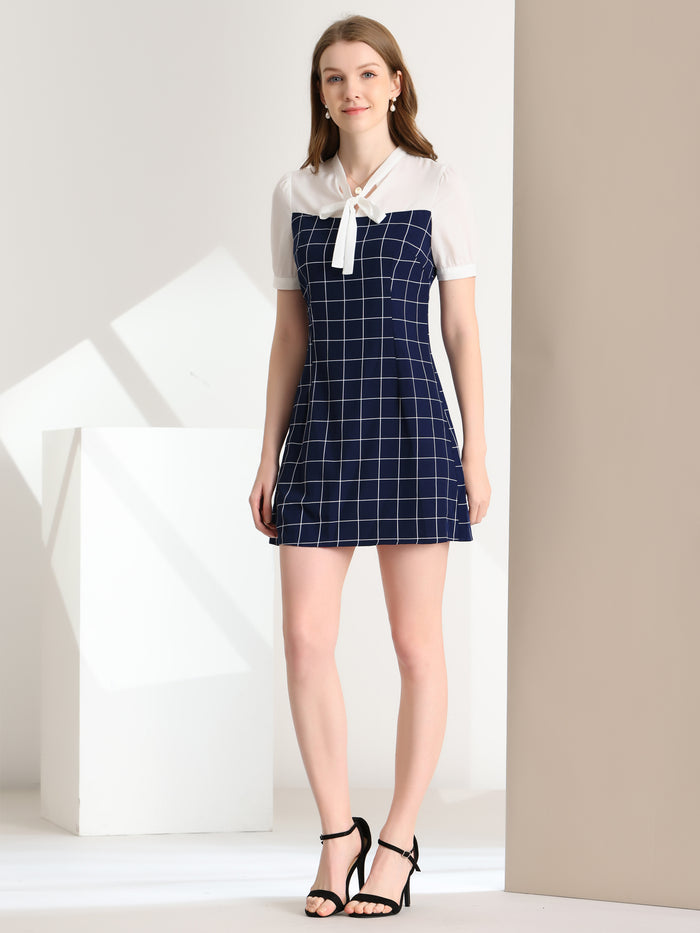 Allegra K Elegant Plaid Panel Tie Neck Puff Short Sleeve Work Dress