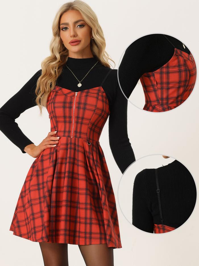 Allegra K Elegant Plaid Spaghetti Strap Christmas Skater Dress
