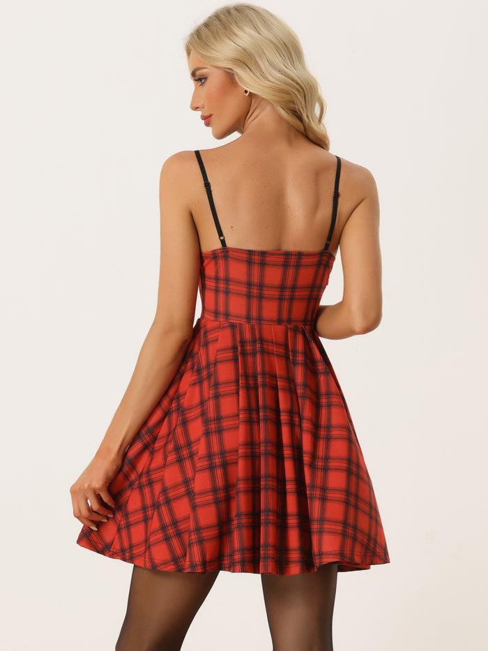 Allegra K Elegant Plaid Spaghetti Strap Christmas Skater Dress