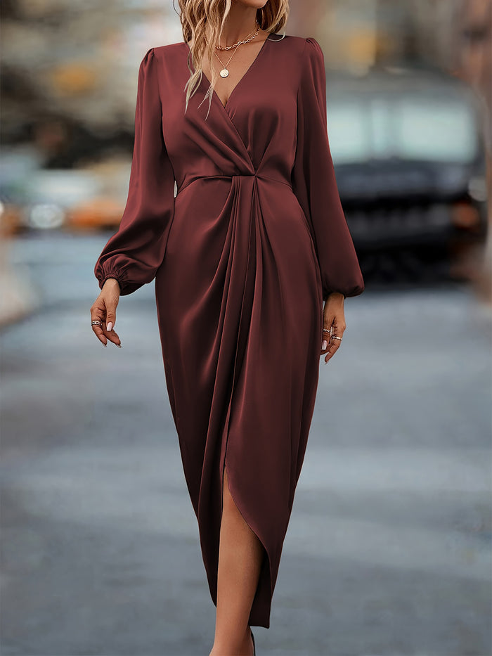 Allegra K Elegant Satin V Neck Dramatic Puff Long Sleeve Hi-Lo Hem Midi Dress