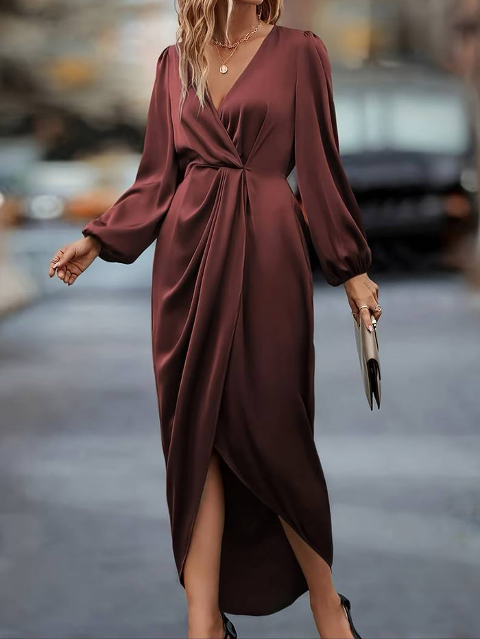 Allegra K Elegant Satin V Neck Dramatic Puff Long Sleeve Hi-Lo Hem Midi Dress