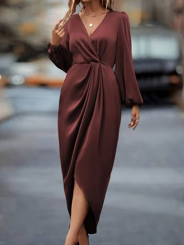 Allegra K Elegant Satin V Neck Dramatic Puff Long Sleeve Hi-Lo Hem Midi Dress