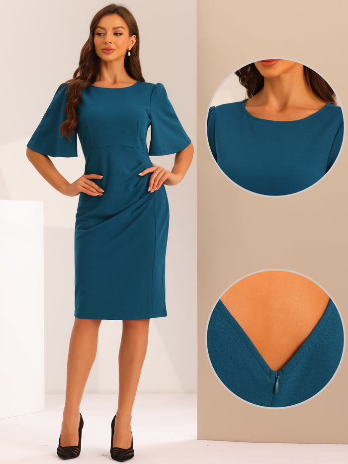 Allegra K Elegant Sheath Dress Round Neck Ruched Short Flared Sleeve Pencil Dress