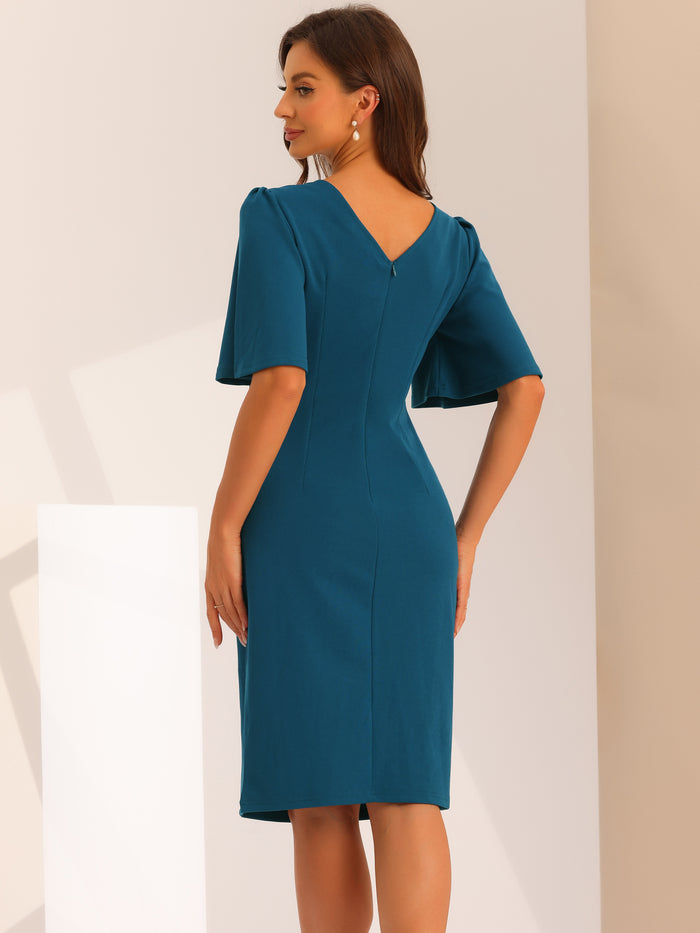Allegra K Elegant Sheath Dress Round Neck Ruched Short Flared Sleeve Pencil Dress