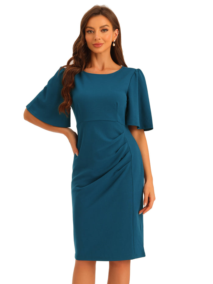 Allegra K Elegant Sheath Dress Round Neck Ruched Short Flared Sleeve Pencil Dress