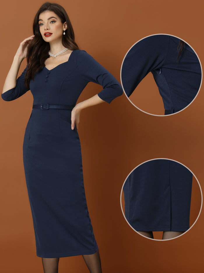 Allegra K Elegant Sheath Sweatheart Neck Half Sleeve Office Work Dress