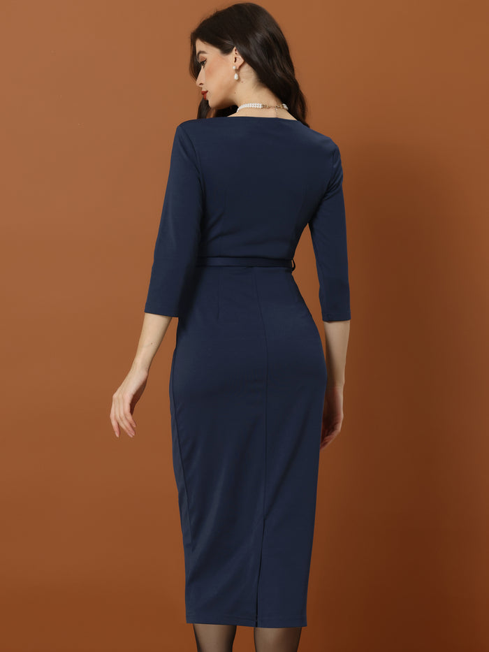 Allegra K Elegant Sheath Sweatheart Neck Half Sleeve Office Work Dress