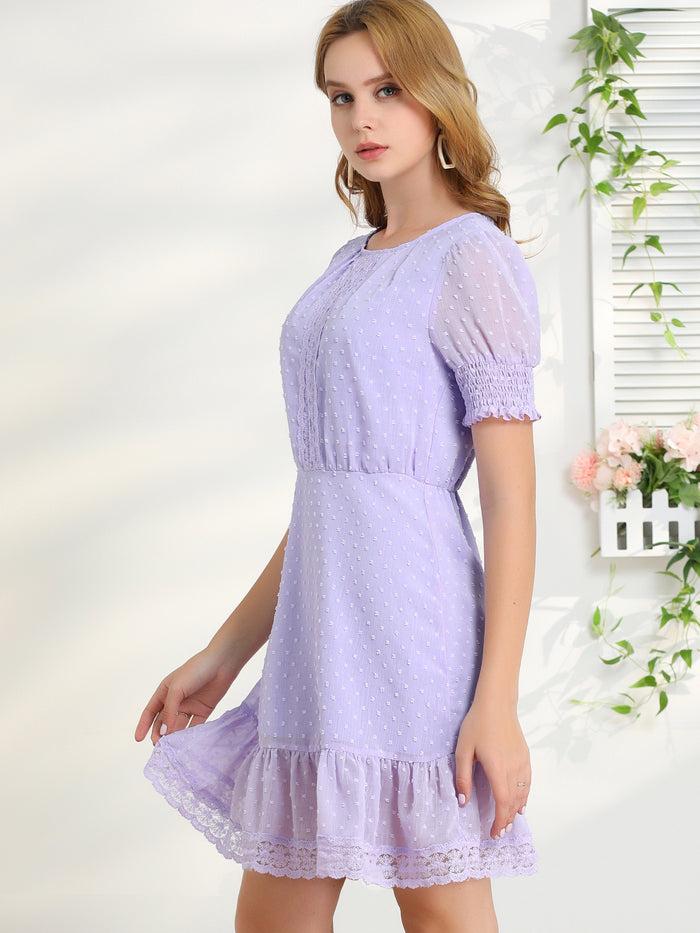Allegra K Elegant Short Sheer Sleeve Ruffle Hem Swiss Dots Chiffon Dress