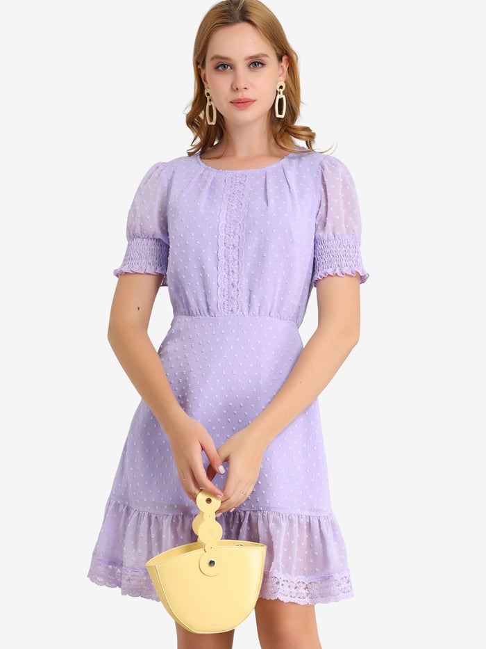 allegra k Elegant Short Sheer Sleeve Ruffle Hem Swiss Dots Chiffon Dress