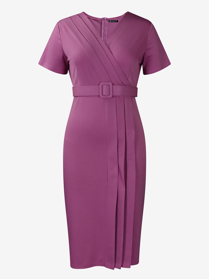 Allegra K Elegant Short Sleeves V Neck Belted Pleated Sheath Office Dress