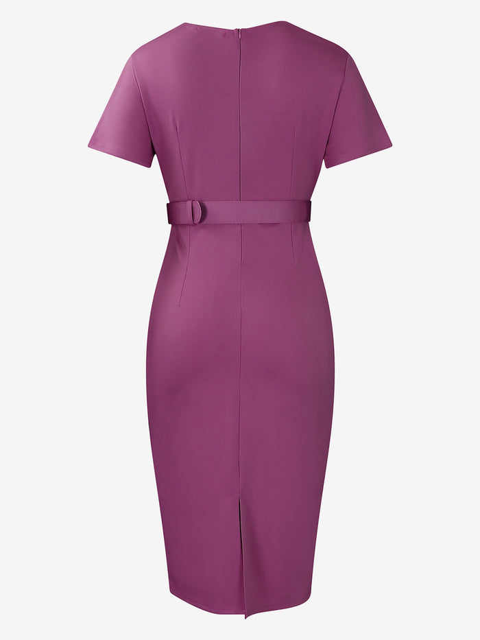 Allegra K Elegant Short Sleeves V Neck Belted Pleated Sheath Office Dress