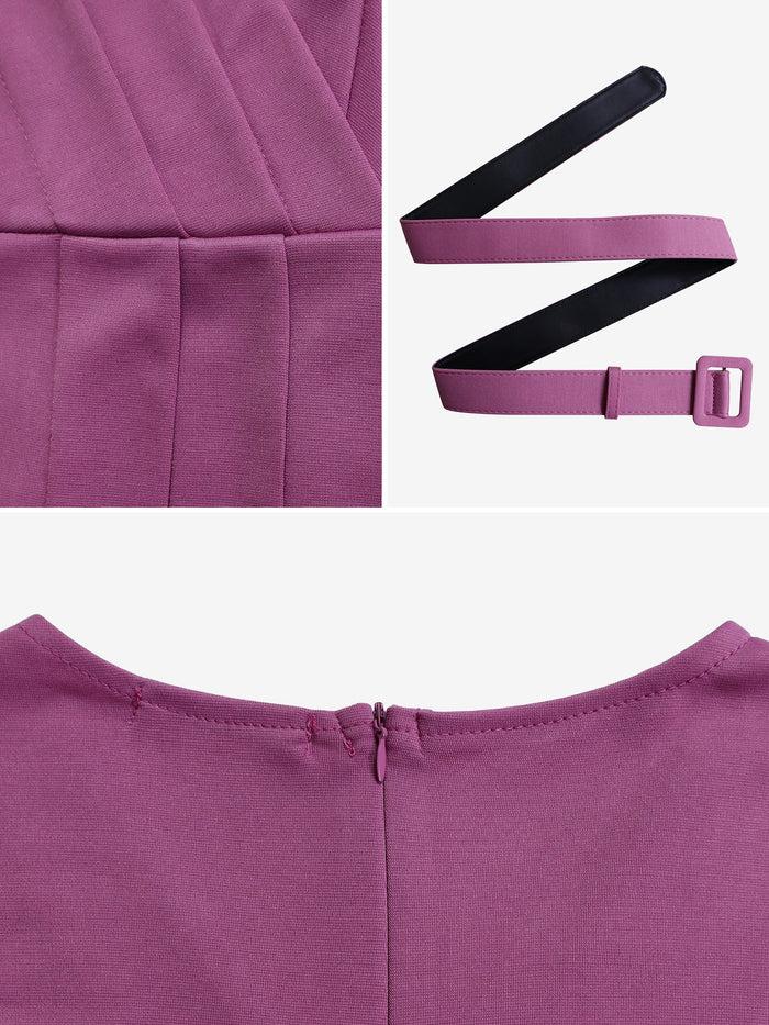 Allegra K Elegant Short Sleeves V Neck Belted Pleated Sheath Office Dress