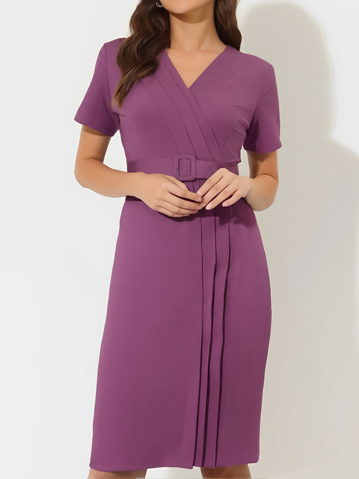 allegra k Elegant Short Sleeves V Neck Belted Pleated Sheath Office Dress