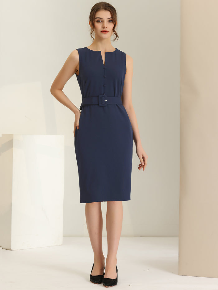 allegra k Elegant Sleeveless Work Round Neck Bodycon Sheath Dress