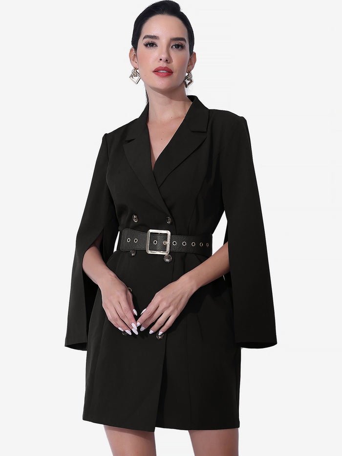 allegra k Elegant Slit Sleeve Belted Double Breasted Work Office Blazer Dress
