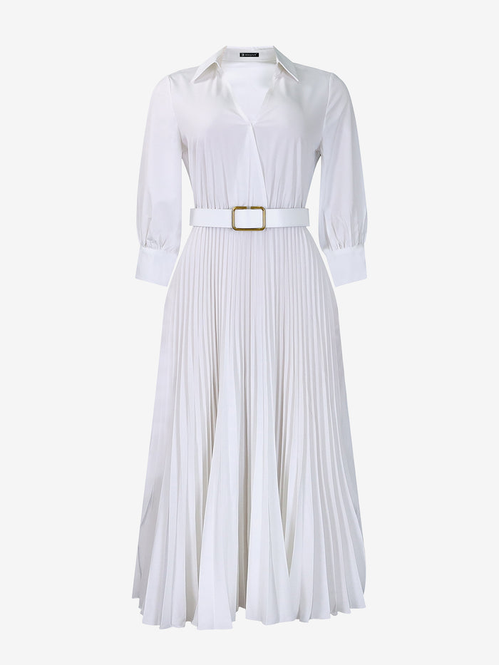Allegra K Elegant Solid Color Shirt Tailored Collar Pleated Belted Midi Dress