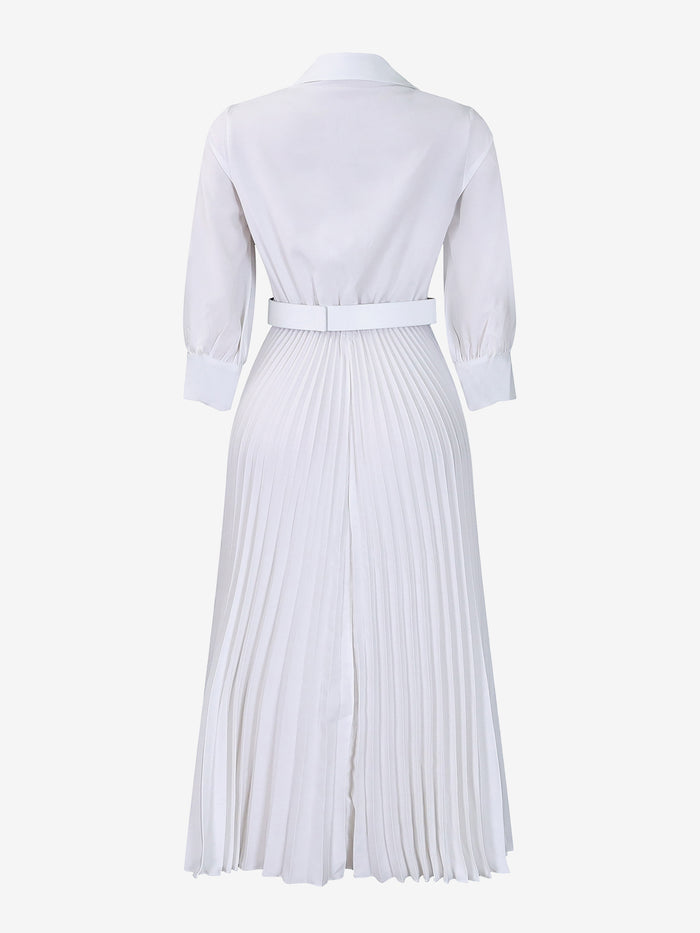 Allegra K Elegant Solid Color Shirt Tailored Collar Pleated Belted Midi Dress