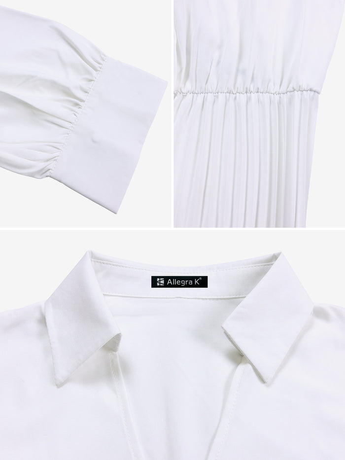 Allegra K Elegant Solid Color Shirt Tailored Collar Pleated Belted Midi Dress