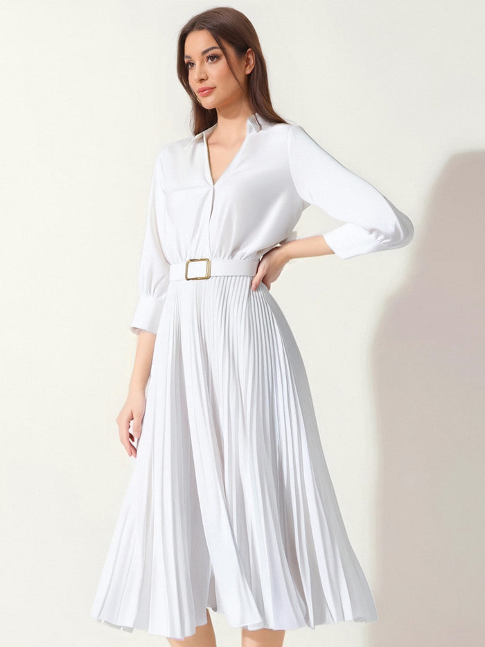 allegra k Elegant Solid Color Shirt Tailored Collar Pleated Belted Midi Dress