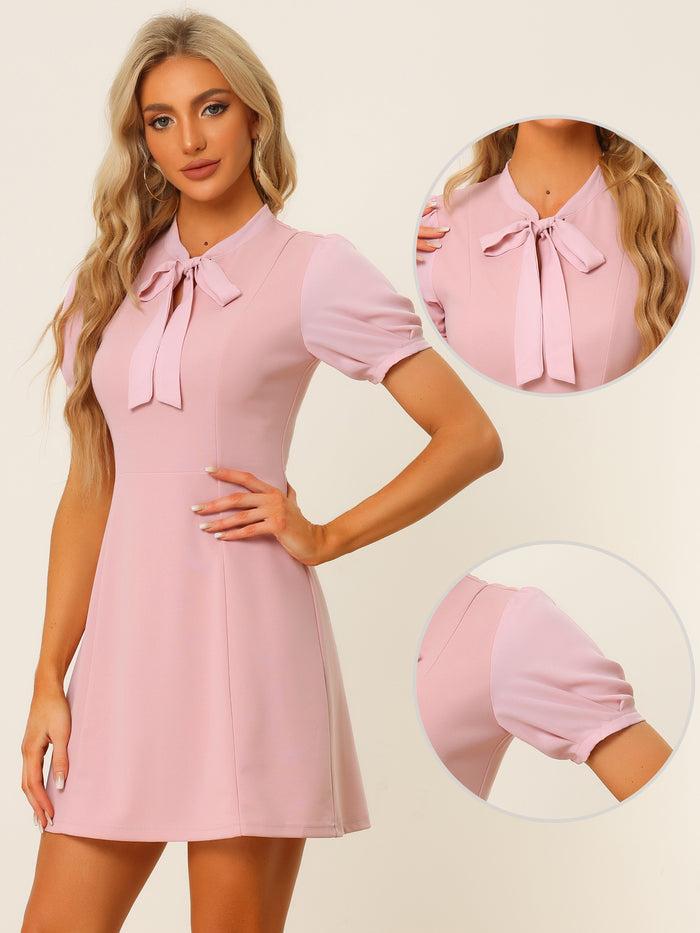 Allegra K Elegant Tie Neck Puff Short Sleeve Office Work Dress