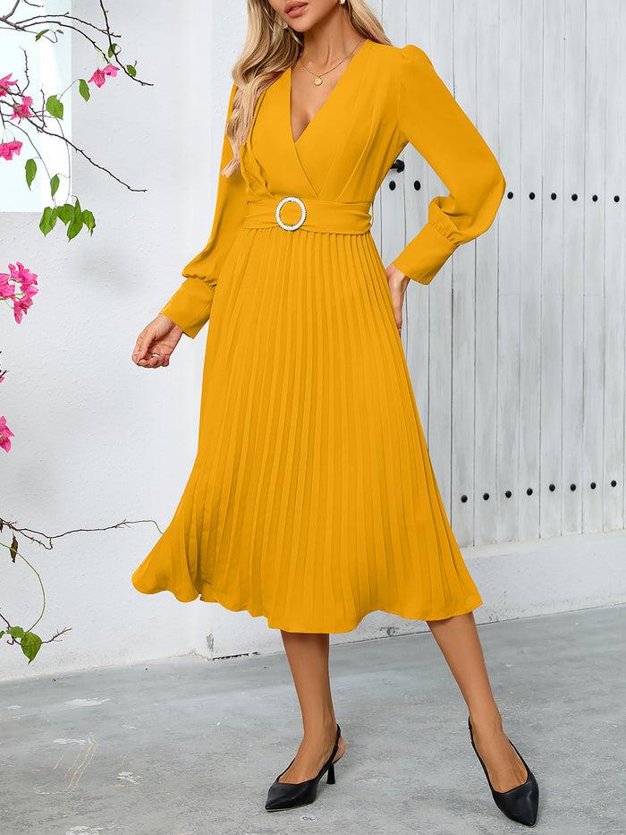 Allegra K Elegant V Neck Long Sleeves Flutter Pleats Belted A-Line Midi Office Dress