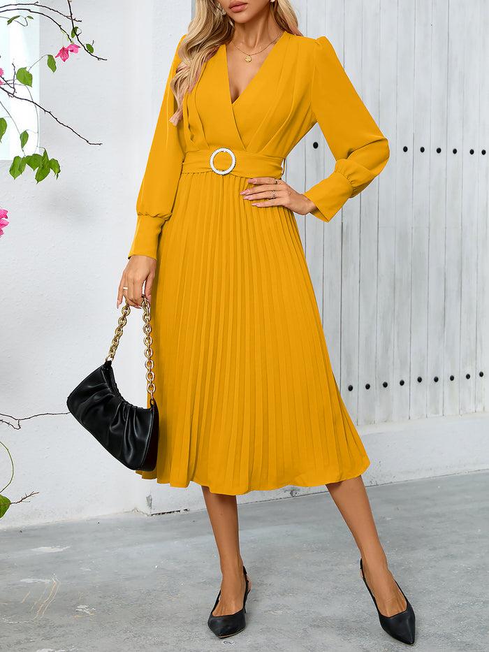 Allegra K Elegant V Neck Long Sleeves Flutter Pleats Belted A-Line Midi Office Dress