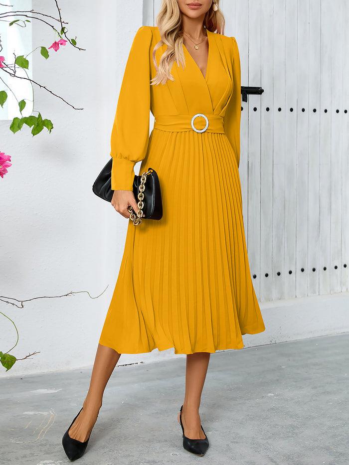 Allegra K Elegant V Neck Long Sleeves Flutter Pleats Belted A-Line Midi Office Dress
