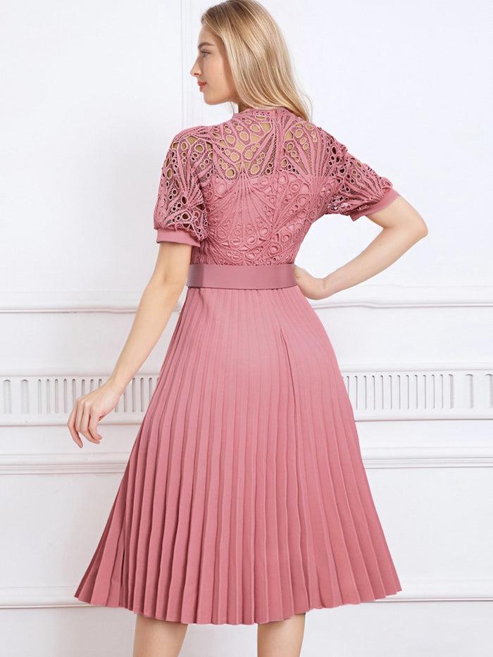 Allegra K Elegant Vintage-Inspired Lace Patchwork Belted Pleated Midi Dress
