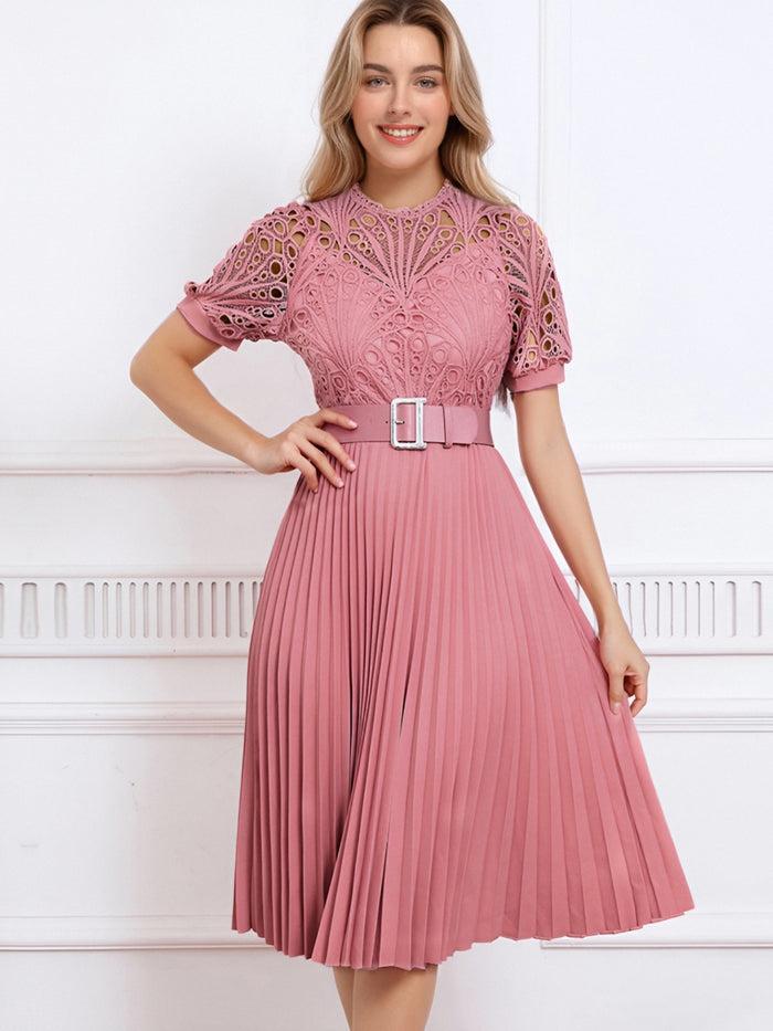 Allegra K Elegant Vintage-Inspired Lace Patchwork Belted Pleated Midi Dress
