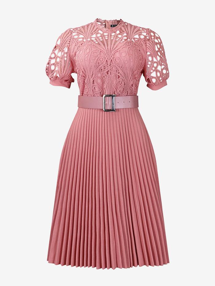 Allegra K Elegant Vintage-Inspired Lace Patchwork Belted Pleated Midi Dress