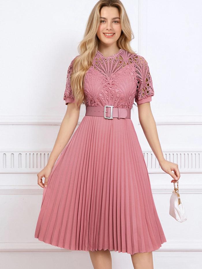 allegra k Elegant Vintage-Inspired Lace Patchwork Belted Pleated Midi Dress