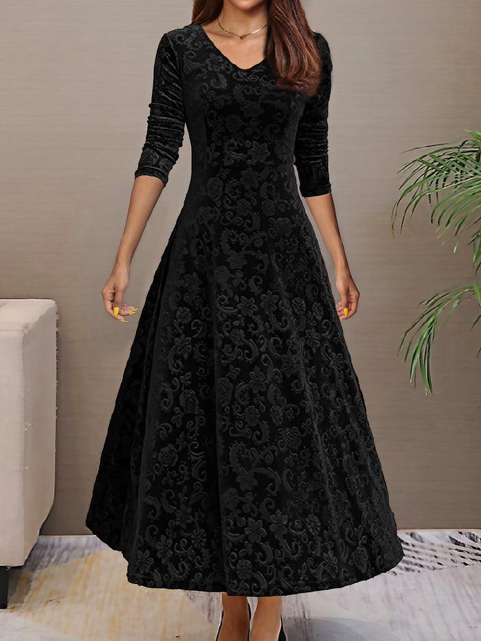 Allegra K Elegant Vintage Velvet Floral V Neck Long Sleeves Maxi Dress